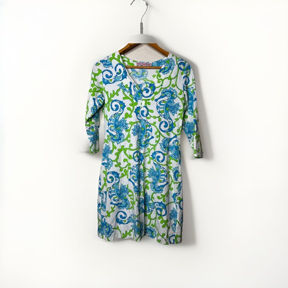 Barbara Gerwit Tunic Top Size Small Vintage Sea House Print 3/4 Sleeve